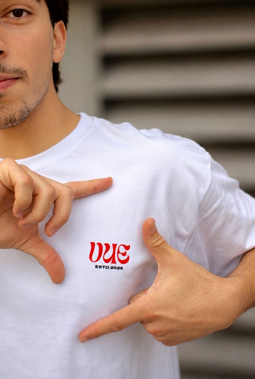 VUE white tee — logo front