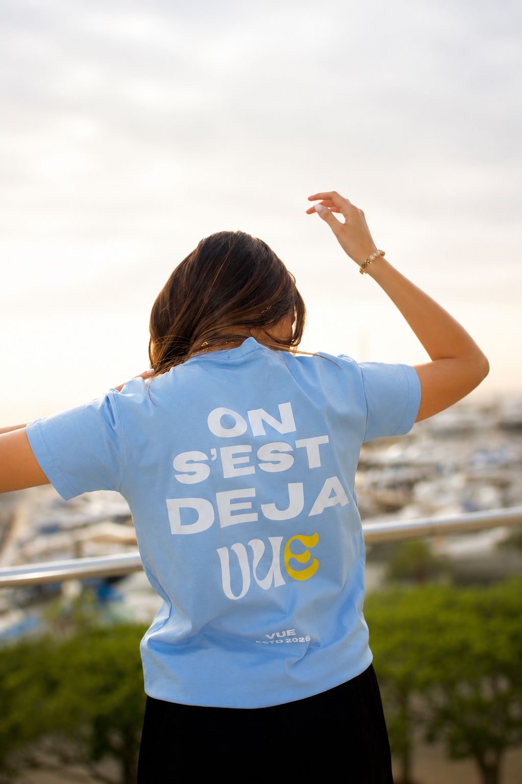 VUE light blue tee — back print